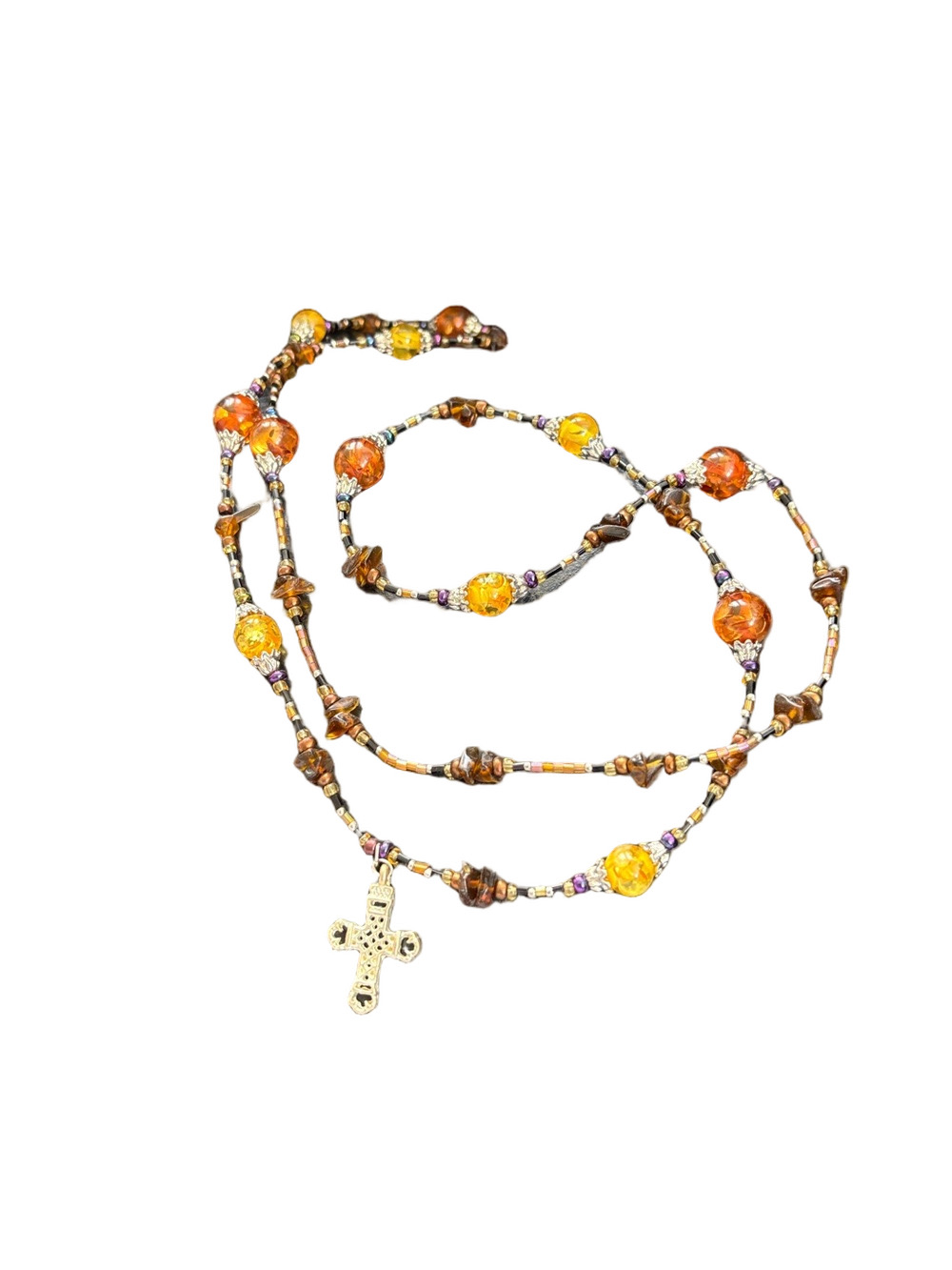 Natural Cognac Amber Gemstones Chips And Seed Beads Rosary